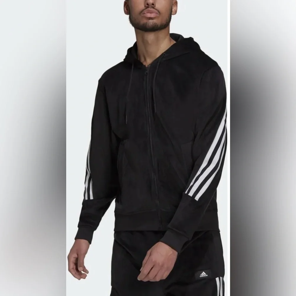 Men’s RARE Adidas NWT Medium Future Icons Ribbed Hoodie/Pants Velour Set - Picture 2 of 15